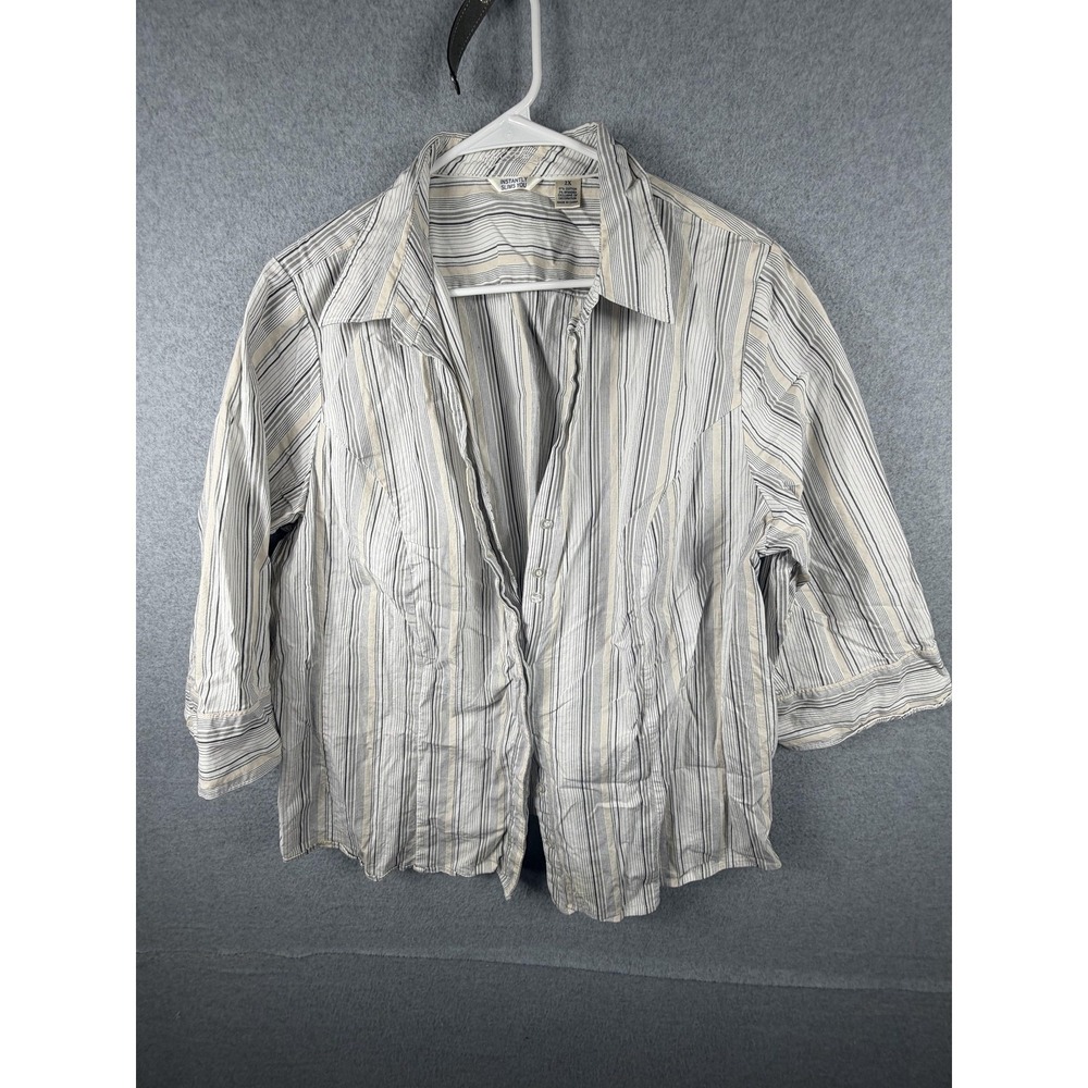 Riders Shirt Womens 2X Beige Striped Instantly Slims Button Up 3/4 Sleeve Top